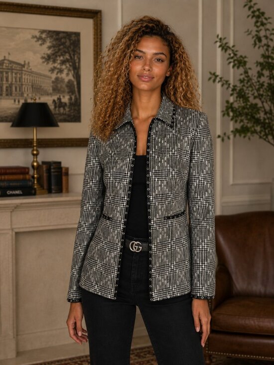 Vintage Jackets & Blazers - VINTAGE GERMANY Houndstooth Wool Boucle Blazer S Tweed Minimalist Jacket E Luxe